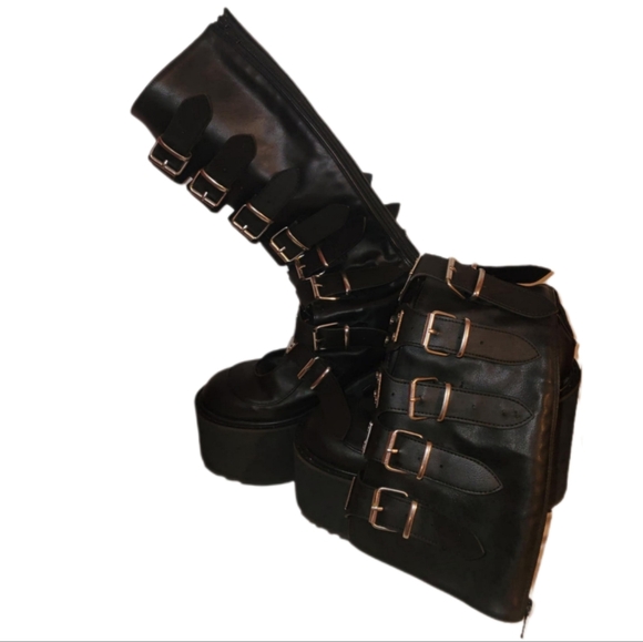 Women's Gothic Punk Damned Demonia Black Combat Boots - Picture 3 of 15